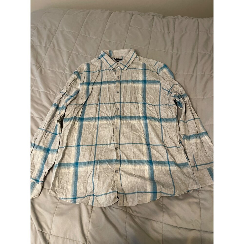 Alfani Mens XXL Plaid Button-Down Shirt Gray & Blue Cotton Blend Long Sleeve